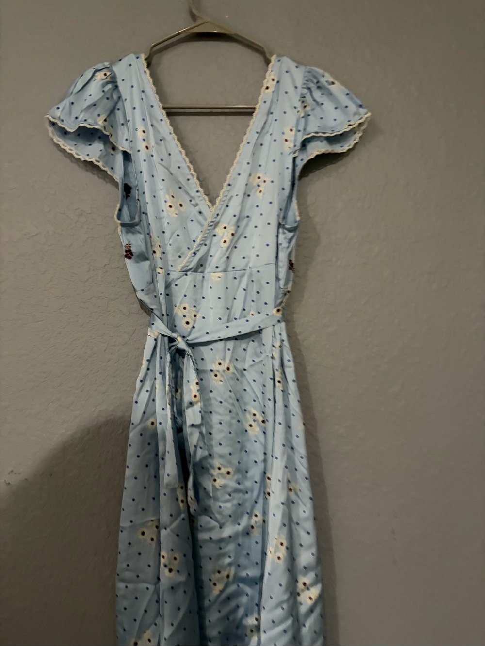 Free People Blue Floral Polka Dot Lace Wrap Maxi Dress Size Medium - Picture 3 of 6